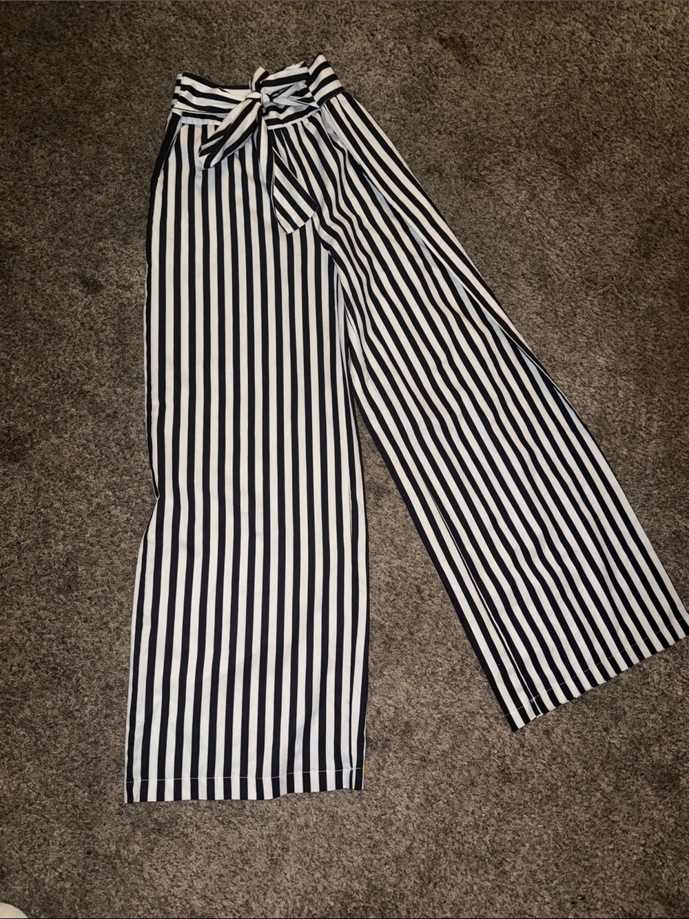 Zara Black & White Vertical Stripe Wide-Leg Tie-Waist Pants with zipper &pockets